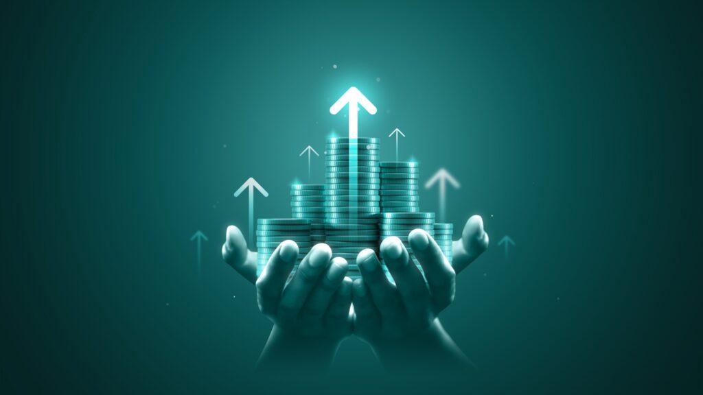 Coins showing growth in a person's hands