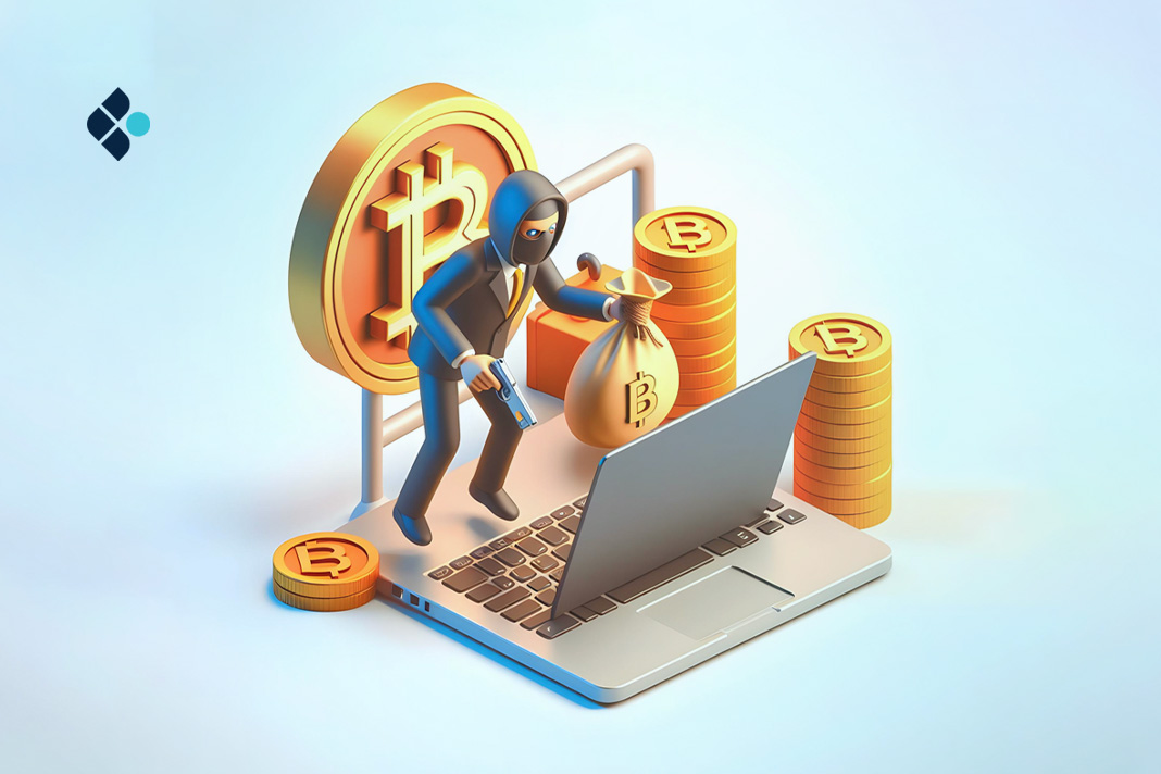 A man trying to rob BTC from a laptop with stacks of coin. Recovering Bitcoin from scammers