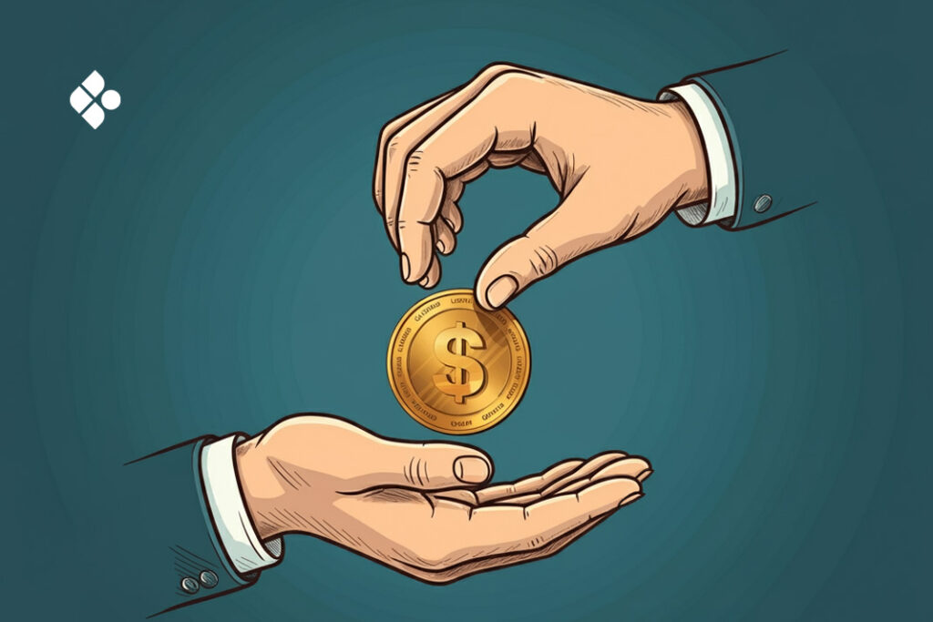 A coin handing another hand a coin