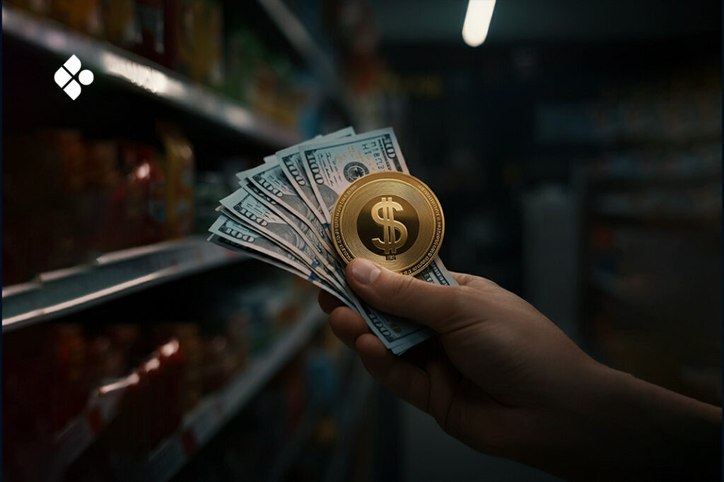 A hand holding a USDC coin and dollars