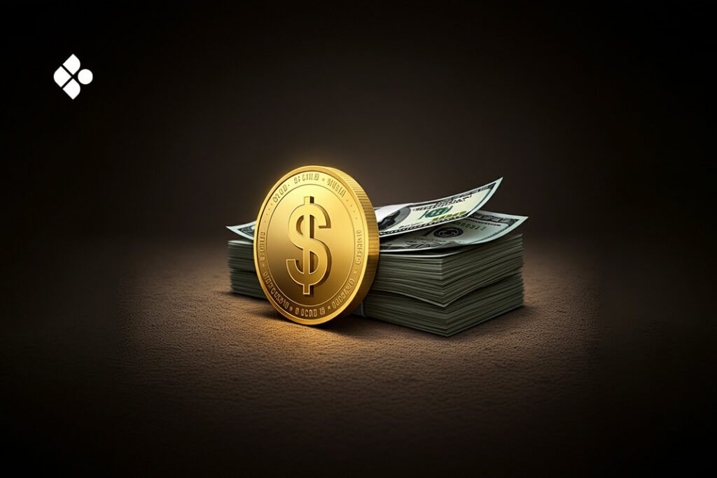A stack of dollars with USDC coin