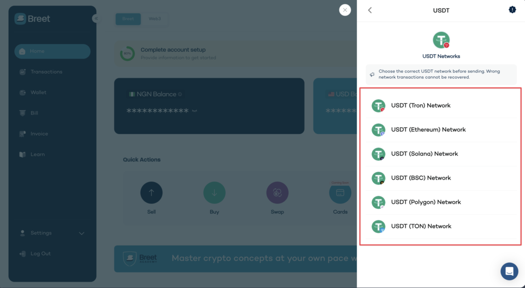 Breet supported USDT network